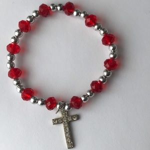 Red and Silver Stretch Bracelet with Rhinestone Crucifix Charm